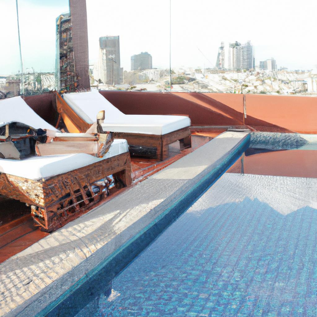 Person lounging by rooftop pool